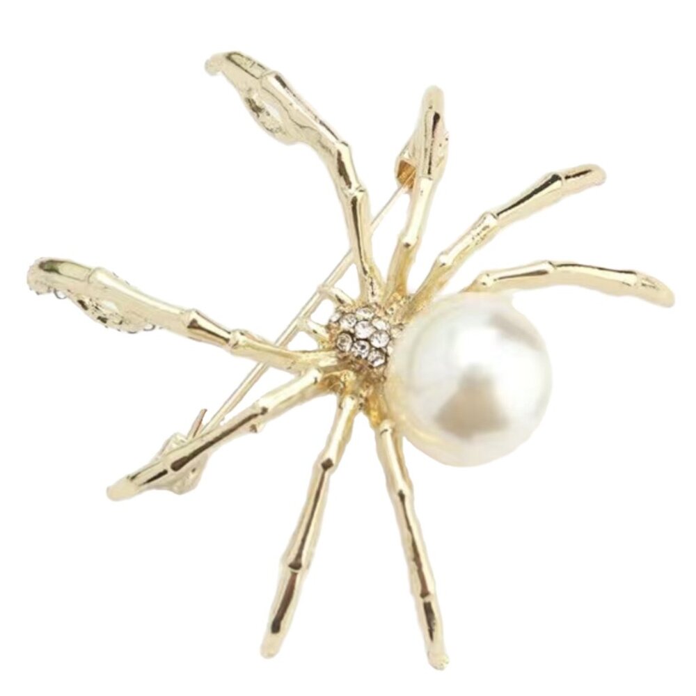 Spider Pin Brooch Faux White Pearl Goth Halloween Rhinestones Gold Tone Bling